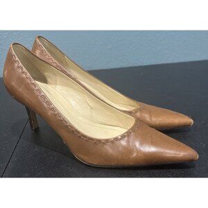 Ann Taylor Heels 8M Brown Leather Stiletto Pointed Pump Stitch Elegant Career
